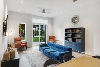 A living room with a blue couch