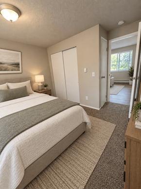 Lakewood apartment for rent - A bedroom with a large bed and a painting on the wall.