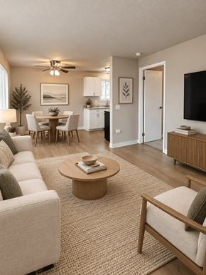 Lakewood apartment for rent - A living room with a white couch, a coffee table, and a flat screen TV.