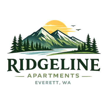 Everett apartment for rent - A mountain landscape with the text "RIDGELINE APARTMENTS EVERETT, WA" in the foreground.