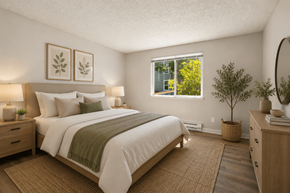 Everett apartment for rent - A bedroom with a large bed and a window showing greenery outside.