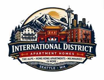Seattle apartment for rent - A logo for International District Apartment Homes featuring a city skyline and mountains.