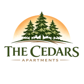 Lynnwood apartment for rent - The Cedars Apartments logo features a forest silhouette against a sunset.