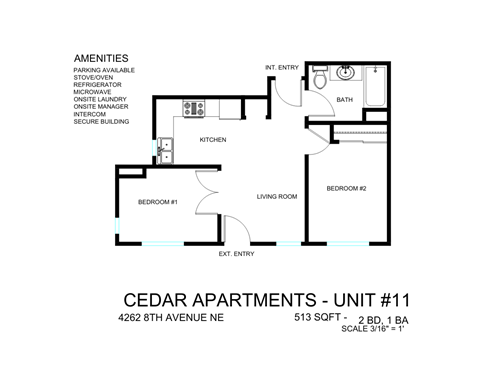 Floor plan for 2 beds, 1 bath, 513 sqft