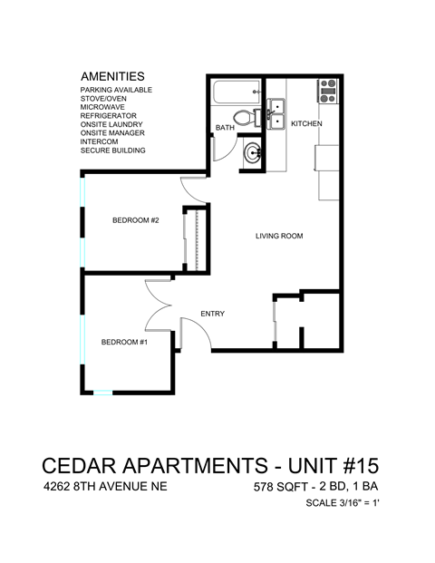 Floor plan for 2 beds, 1 bath, 578 sqft