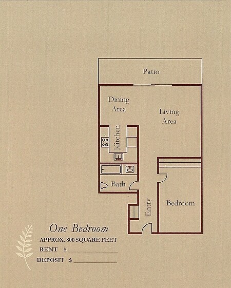 Floor plan for 1 bed, 1 bath, 684 sqft