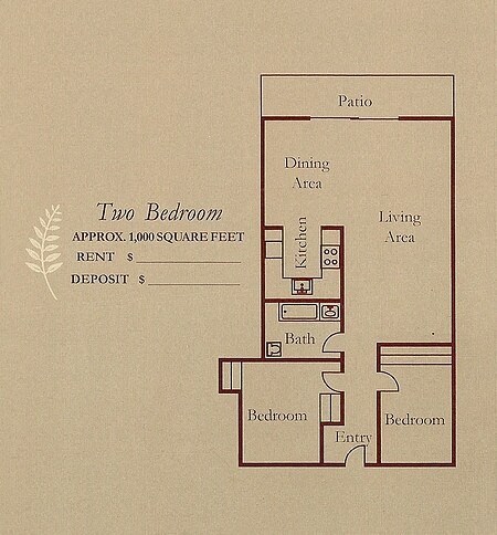 Floor plan for 2 beds, 1 bath, 856 sqft