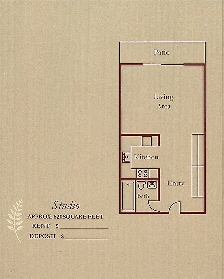 Floor plan for studio, 1 bath, 620 sqft