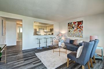 Tacoma apartment for rent - A living room with a grey couch and a white rug.