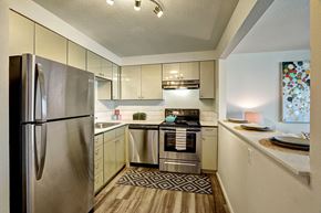 Tacoma apartment for rent - A modern kitchen with a stainless steel refrigerator and a patterned rug on the floor.