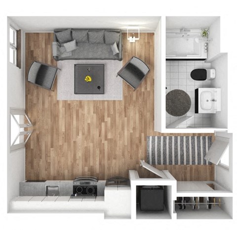 Floor plan for studio, 1 bath, 408 sqft