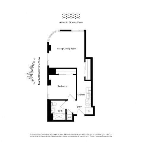 Floor plan for 1 bed, 1 bath, 650 sqft