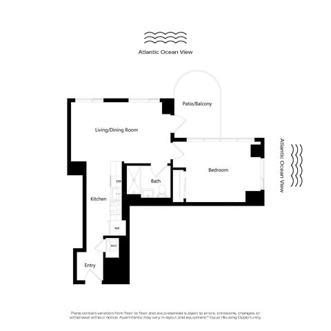 Floor plan for 1 bed, 1 bath, 657 sqft