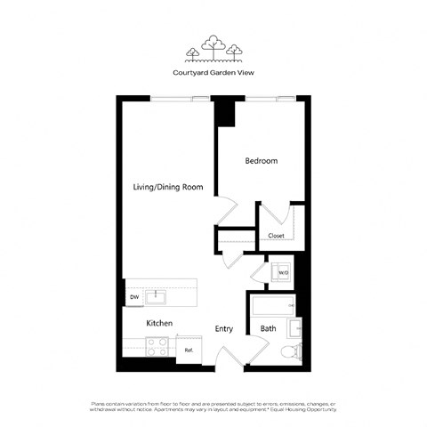 Floor plan for 1 bed, 1 bath, 611 sqft