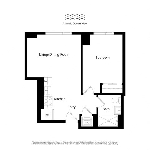 Floor plan for 1 bed, 1 bath, 537 sqft