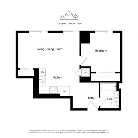 Floor plan for 1 bed, 1 bath, 736 sqft