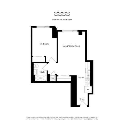 Floor plan for 1 bed, 1 bath, 637 sqft