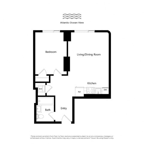 Floor plan for 1 bed, 1 bath, 633 sqft
