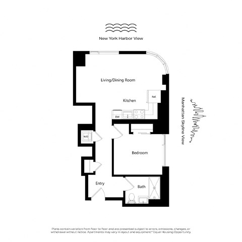 Floor plan for 1 bed, 1 bath, 668 sqft