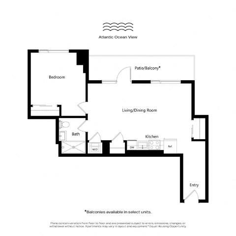 Floor plan for 1 bed, 1 bath, 607 sqft