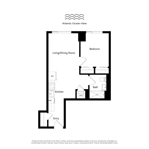 Floor plan for 1 bed, 1 bath, 573 sqft