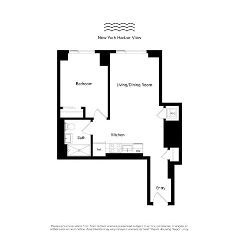 Floor plan for 1 bed, 1 bath, 609 sqft