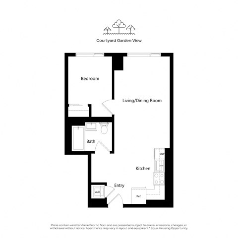 Floor plan for 1 bed, 1 bath, 558 sqft