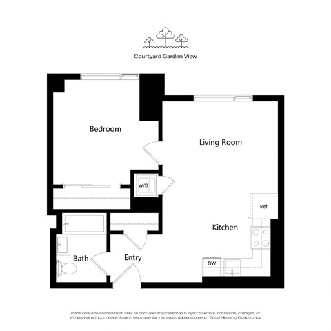 Floor plan for 1 bed, 1 bath, 595 sqft
