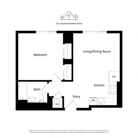 Floor plan for 1 bed, 1 bath, 629 sqft