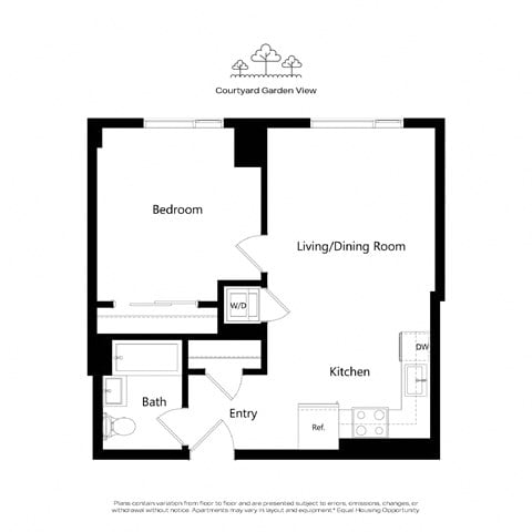 Floor plan for 1 bed, 1 bath, 579 sqft