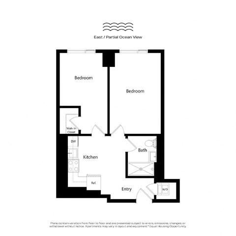 Floor plan for 2 beds, 1 bath, 802 sqft