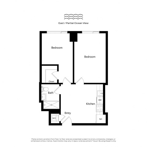 Floor plan for 2 beds, 1 bath, 612 sqft