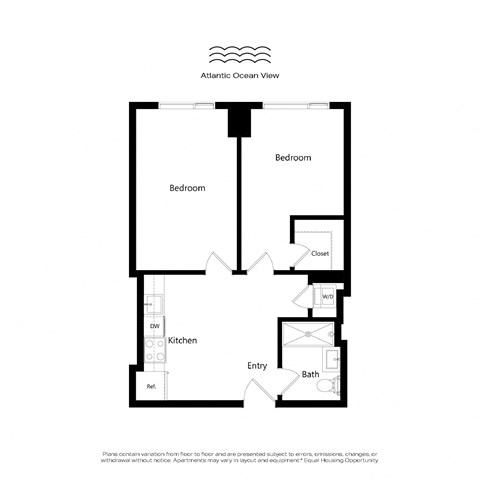 Floor plan for 2 beds, 1 bath, 628 sqft