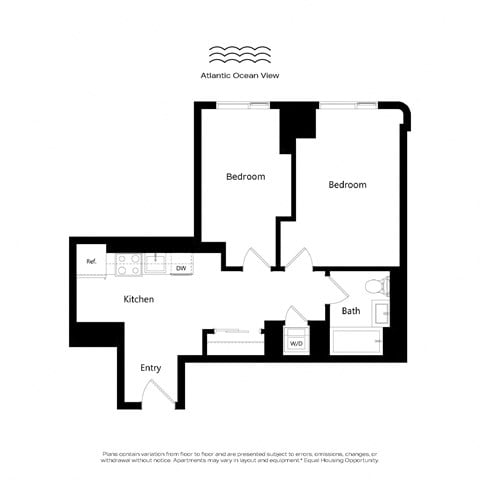 Floor plan for 2 beds, 1 bath, 621 sqft