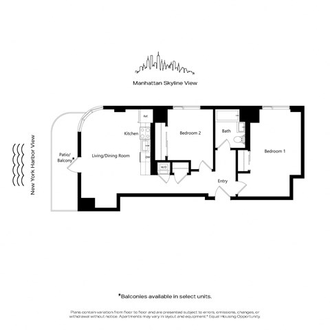 Floor plan for 2 beds, 1 bath, 876 sqft