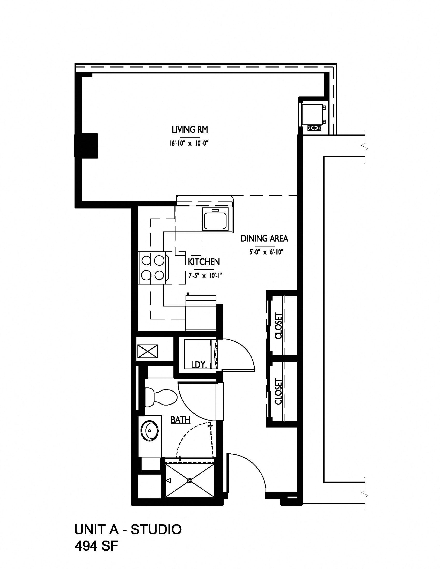 Floor plan for studio, 1 bath, 494 sqft