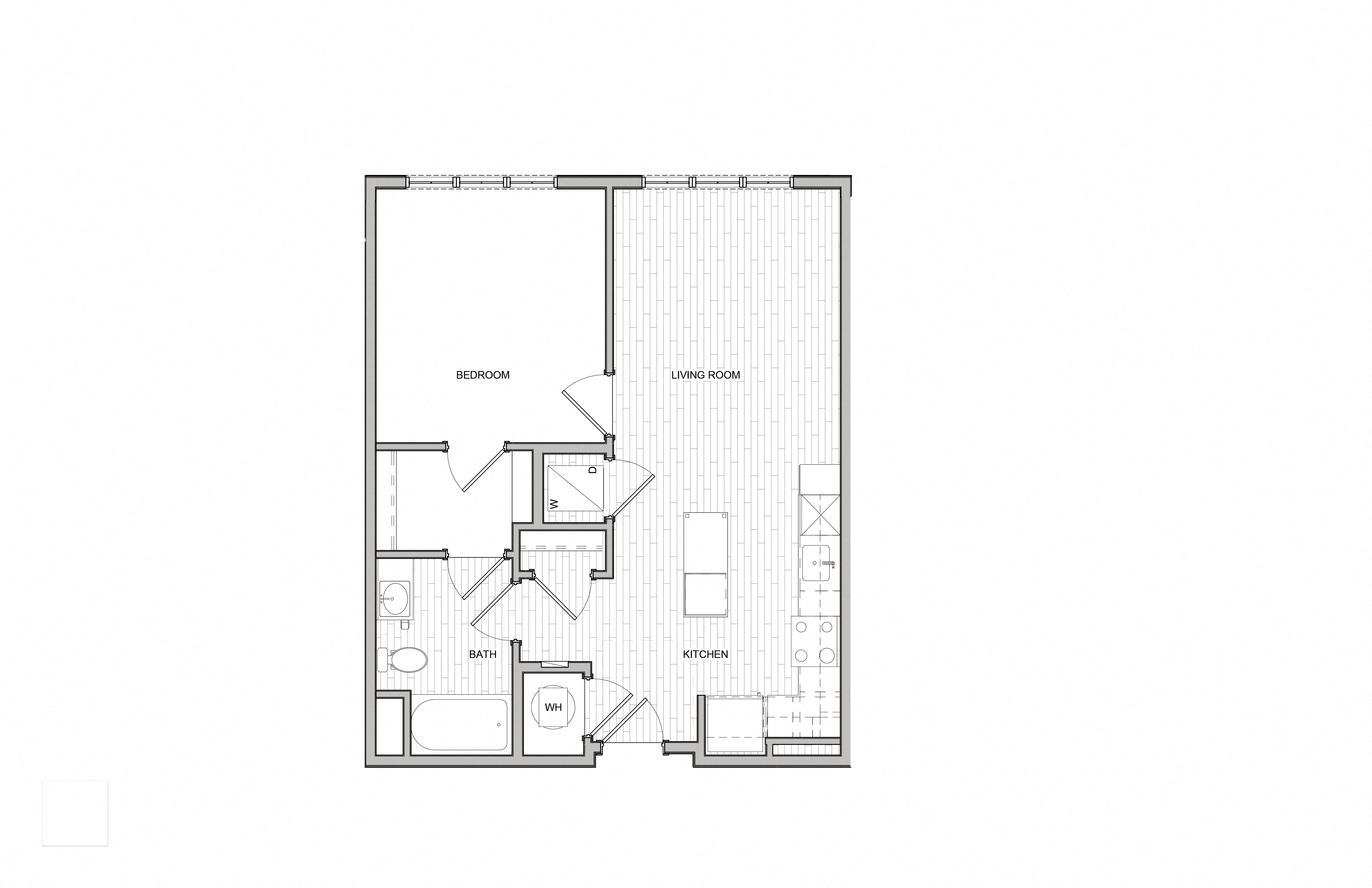 Floor plan for 1 bed, 1 bath, 679 sqft