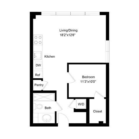 Floor plan for 1 bed, 1 bath, 557 sqft