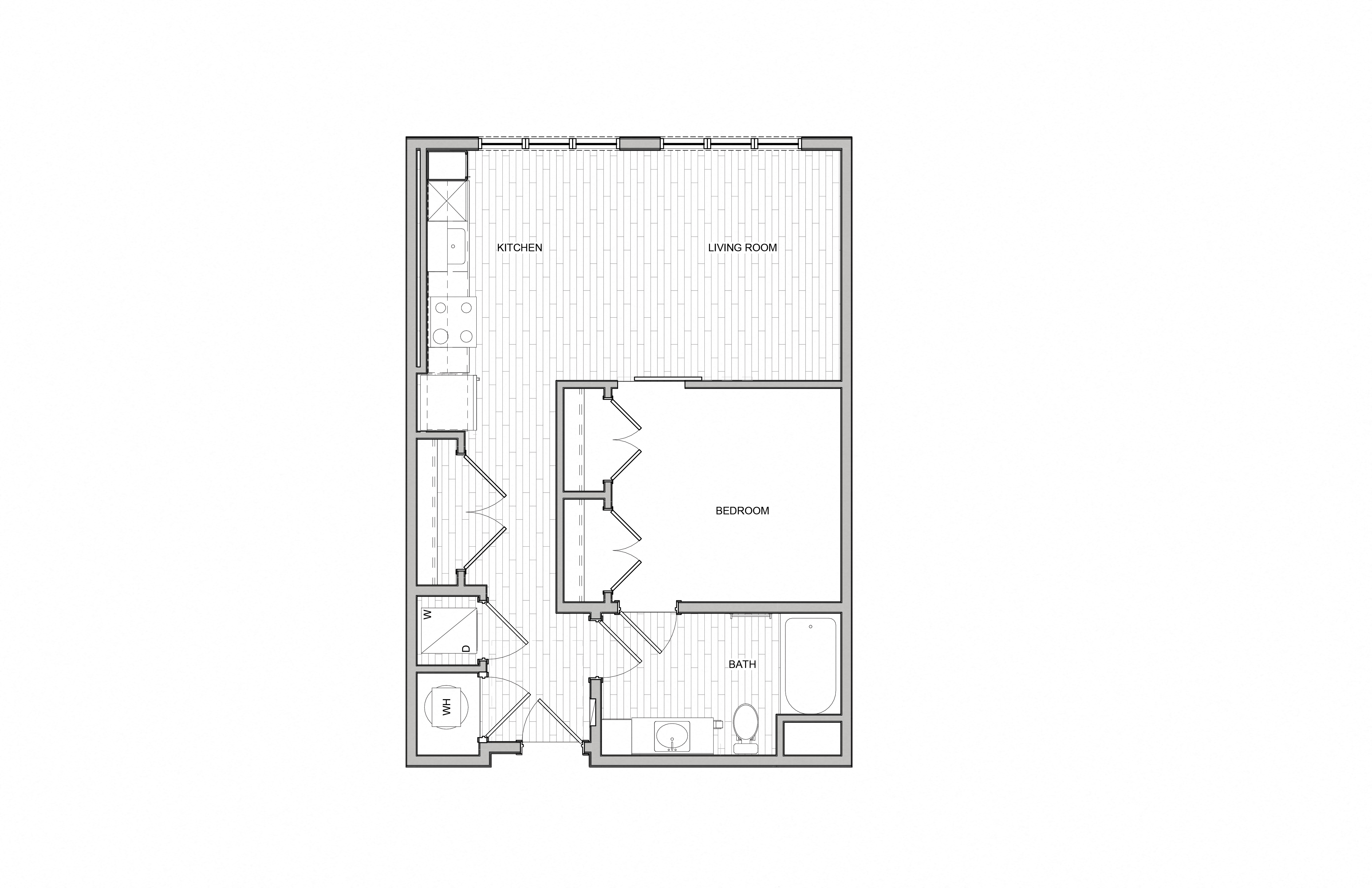 Floor plan for 1 bed, 1 bath, 690 sqft