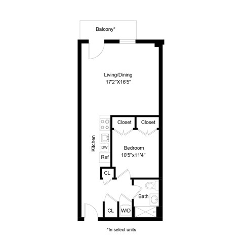 Floor plan for 1 bed, 1 bath, 648 sqft