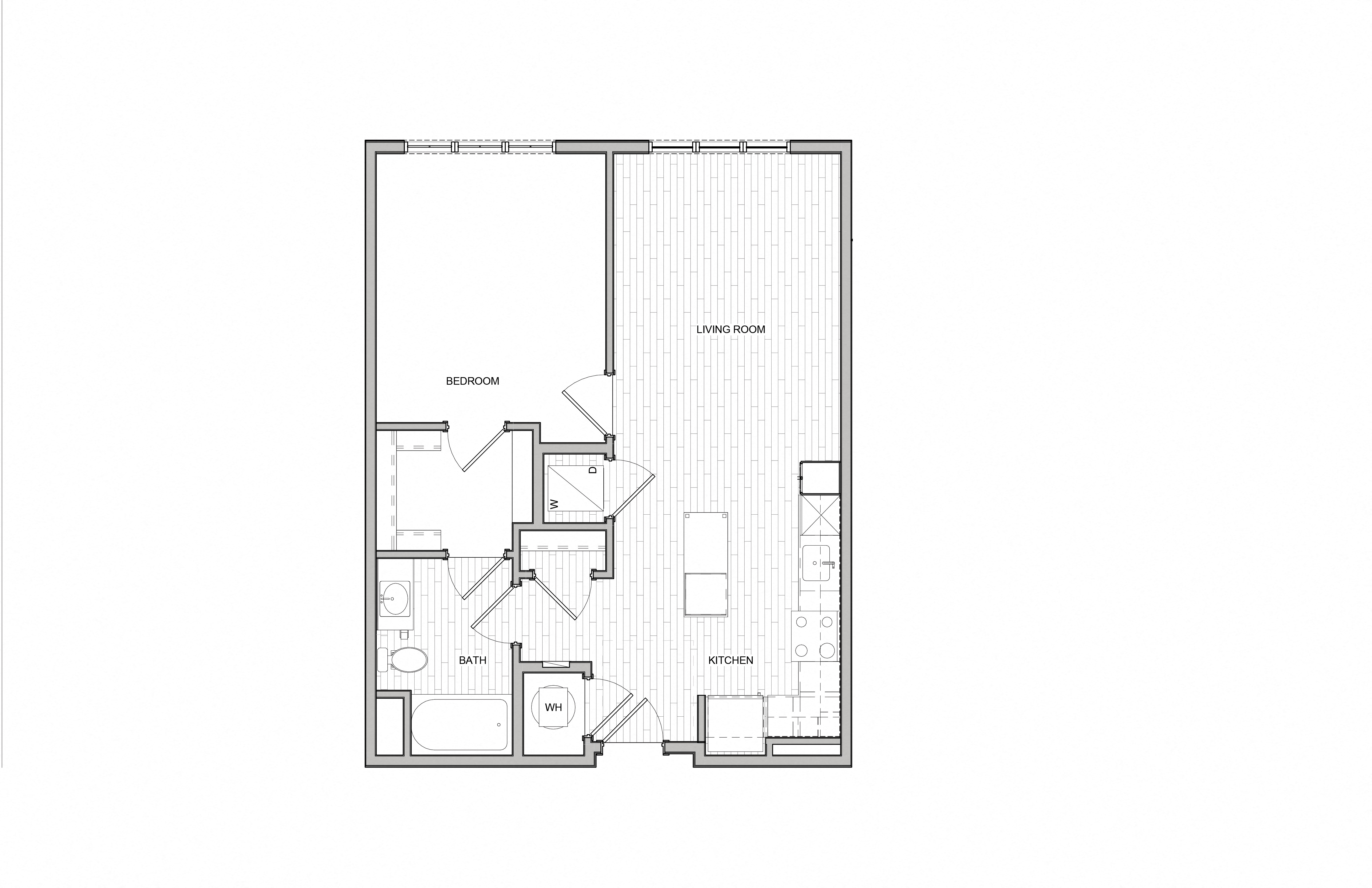 Floor plan for 1 bed, 1 bath, 727 sqft