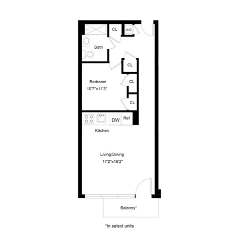 Floor plan for 1 bed, 1 bath, 678 sqft