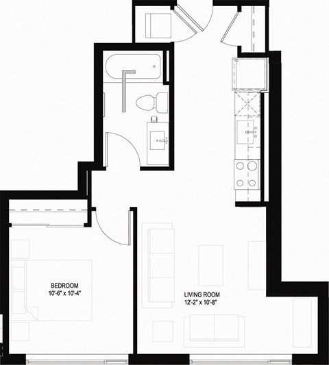 Floor plan for 1 bed, 1 bath, 567 sqft