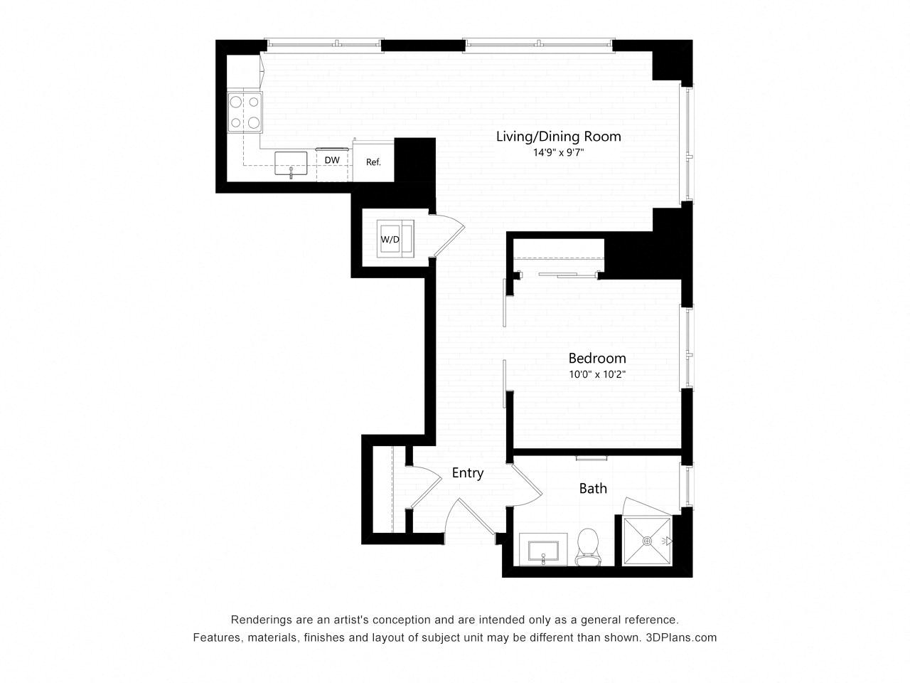 Floor plan for 1 bed, 1 bath, 677 sqft