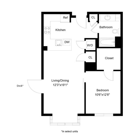Floor plan for 1 bed, 1 bath, 693 sqft
