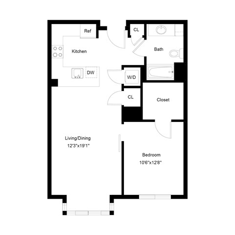 Floor plan for 1 bed, 1 bath, 721 sqft