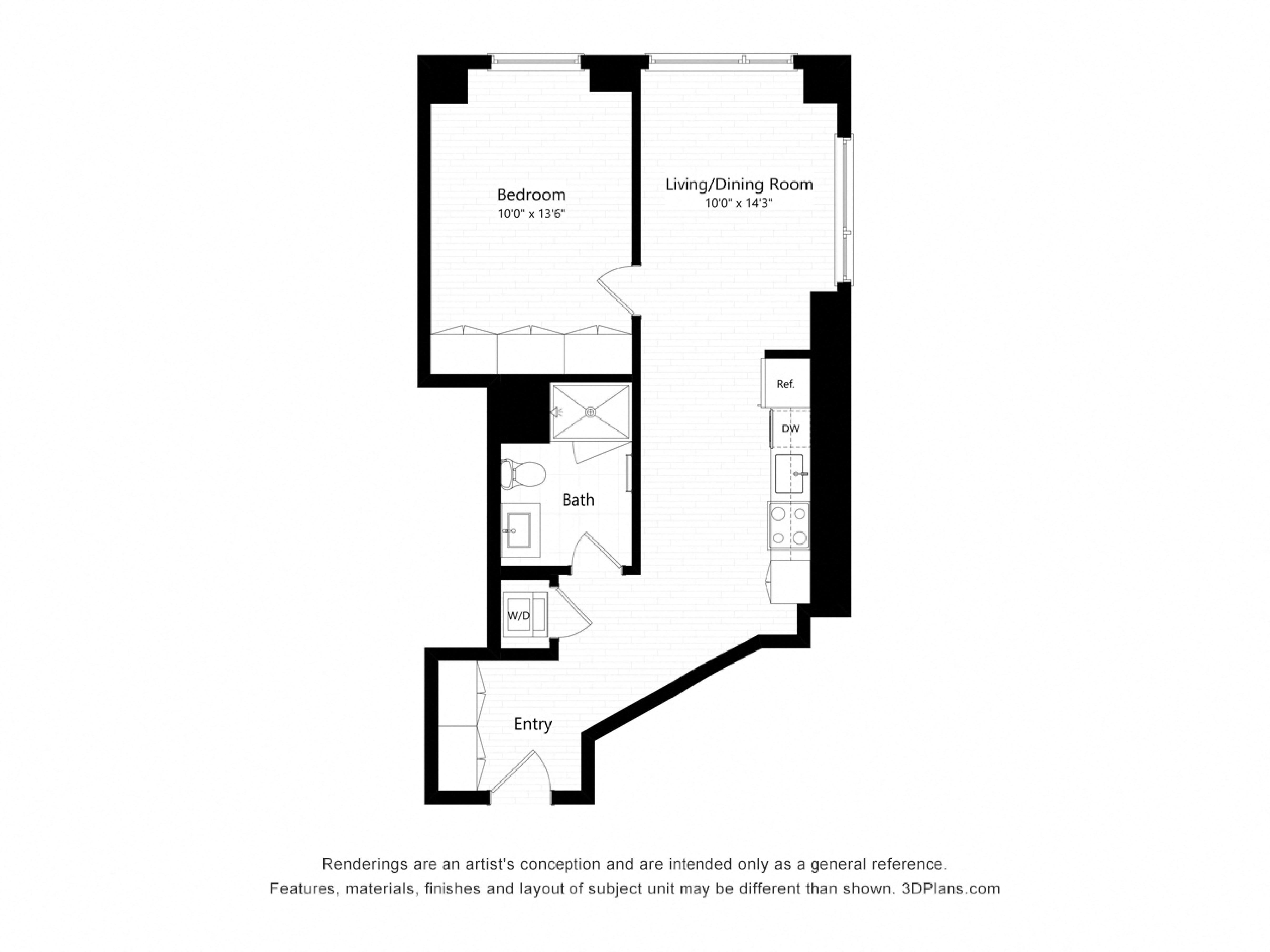 Floor plan for 1 bed, 1 bath, 691 sqft