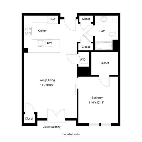 Floor plan for 1 bed, 1 bath, 748 sqft
