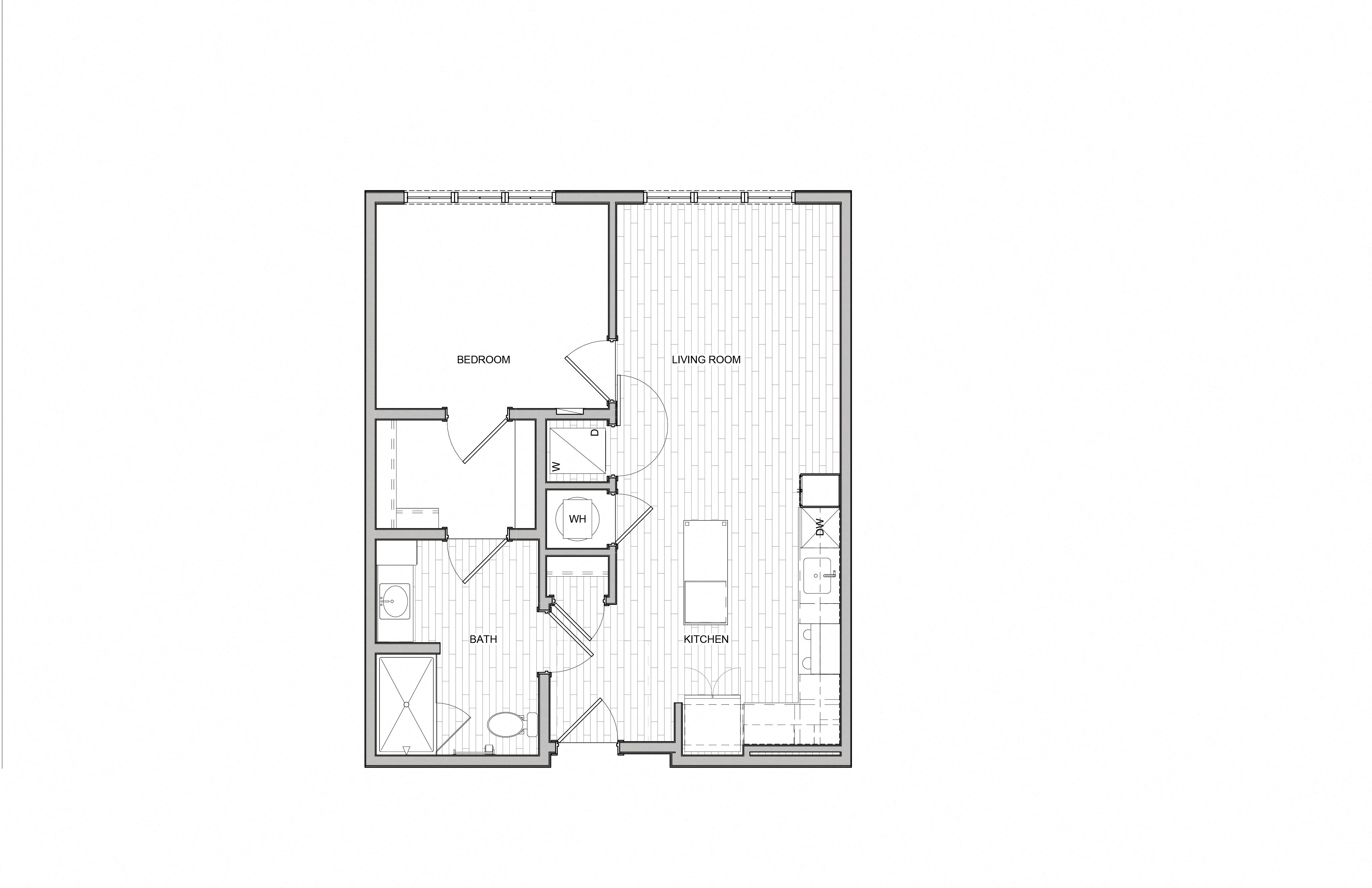 Floor plan for 1 bed, 1 bath, 679 sqft