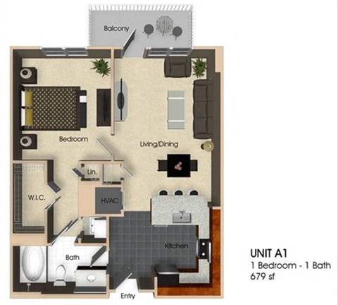 Floor plan for 1 bed, 1 bath, 679 sqft